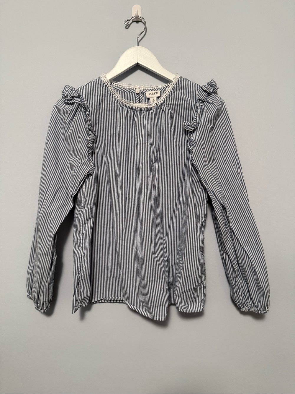 J. Crew Blue and White Striped Ruffle-Shoulder Blouse